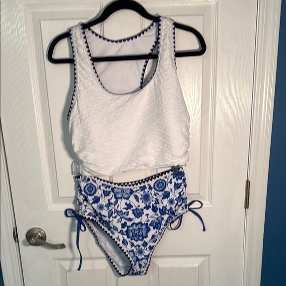 Blue and White Bikini with Adjustable Side Ties